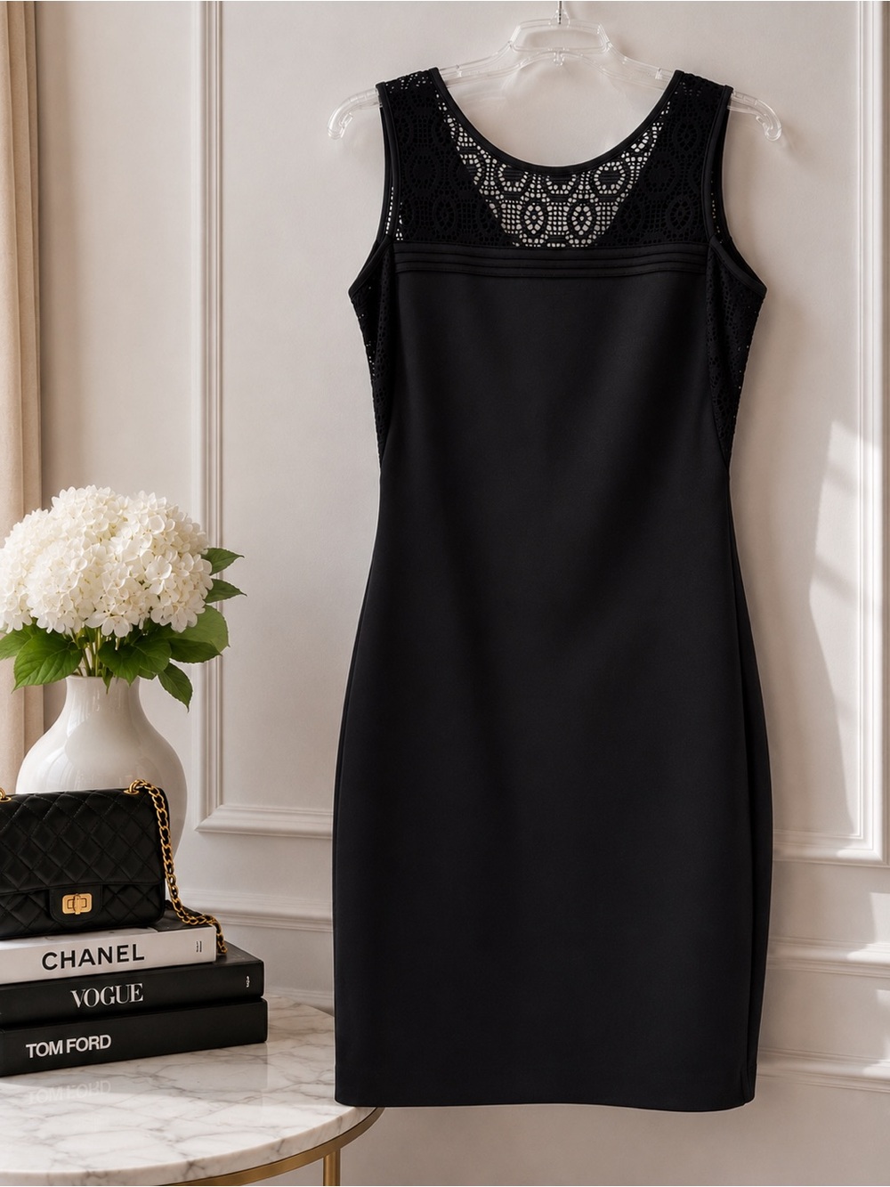 MARC NEW YORK Andrew Marc Black Sheath Dress Lace Mesh Yoke Sleeveless Size 0